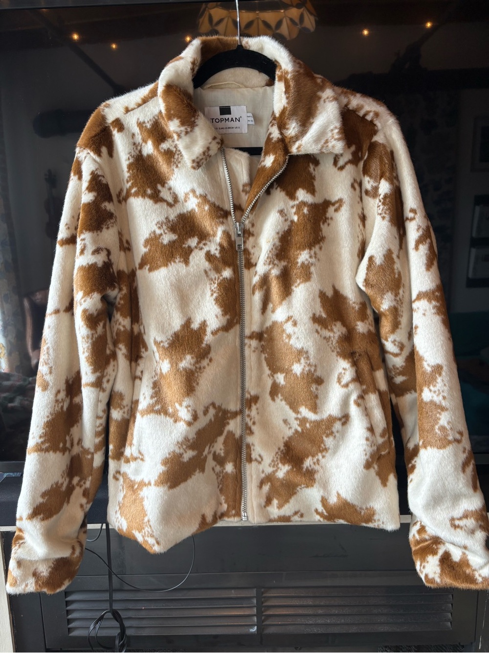 Topman Cream & Brown Cow Print Faux Fur Zip-Up Jacket